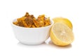 Close-up of Indian Organic pickle Achar made from Citrus Limon Lemon or Nimboo . Very spicy, tart, acetic in taste and