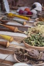 Close up of indigenous dyeing and weaving implements in Peru