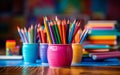 Close-Up Indoor Photography, Capturing School Items on a Table. Generative AI Royalty Free Stock Photo