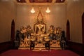 Close up indoor shiny golden buddha statue in buddhist temple in