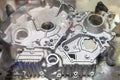 Close up Industrial aluminum casting parts cover crankcase or cylinder block of vehicle automobile or motorcycle set up on work