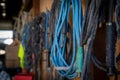 Close up of industrial cables hanging in workshop Royalty Free Stock Photo