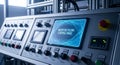 Industrial Control Panel With Digital Display Showing Futuristic Interface In A Clean Manufacturing Facility Environment With Blue Royalty Free Stock Photo