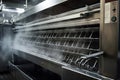 close-up of industrial dishwasher, with cascade of water and steam