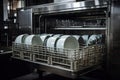 close-up of industrial dishwasher with clean plates, glasses, and silverware