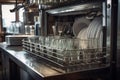 close-up of industrial dishwasher with clean plates, glasses, and silverware