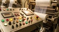 Close-up of an Industrial Machine Control Panel with Illuminated Buttons and Digital Displays Royalty Free Stock Photo