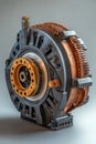 Close-up of industrial machine part with copper coil and steel components on gray background