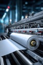 Close-up of industrial paper roll machine in operation in factory setting Royalty Free Stock Photo