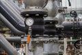 Close up of industrial pipes and measurer of compression,gauge Royalty Free Stock Photo