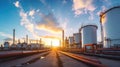 Close up Industrial view at oil refinery plant form industry zone with sunrise and cloudy sky Royalty Free Stock Photo