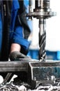 Close-up of industrial worker drilling a hole