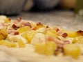 Close up about ingredients on italian pizza, Patate and speck