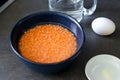 Close up of ingredients for lentils pancake on grey kitchen table