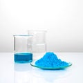 Close up inorganic chemical on white laboratory table. CopperII sulfate,  alcohol. Chemical ingredient for Cosmetics and Royalty Free Stock Photo