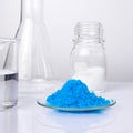 Close up inorganic chemical on white laboratory table. CopperII sulfate, Microcrystalline wax and  alcohol. Chemical ingredient Royalty Free Stock Photo