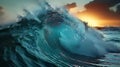 Close up inside of abstract sea wave breaking in the sunset or sunrise background AI generated Royalty Free Stock Photo