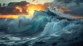 Close up inside of abstract sea wave breaking in the sunset or sunrise background AI generated Royalty Free Stock Photo