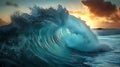 Close up inside of abstract sea wave breaking in the sunset or sunrise background AI generated Royalty Free Stock Photo