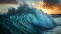 Close up inside of abstract sea wave breaking in the sunset or sunrise background AI generated Royalty Free Stock Photo