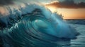 Close up inside of abstract sea wave breaking in the sunset or sunrise background AI generated Royalty Free Stock Photo