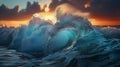 Close up inside of abstract sea wave breaking in the sunset or sunrise background AI generated Royalty Free Stock Photo