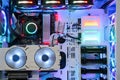 Inside Desktop PC Gaming and Cooling Fan CPU system with multicolored LED RGB light show statu Royalty Free Stock Photo