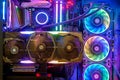 Inside Desktop PC Gaming and Water Cooling CPU with LED RGB light show status on working mode