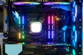 Inside high performance Desktop PC and Cooling system on CPU socket with multicolored LED RGB light show status on working
