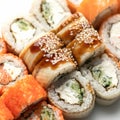 Close up of Inside-out mixed Sushi Set. Traditional Japanese Sushi rolls. Healthy Oriental food. Wellness concept. Close Royalty Free Stock Photo