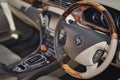 Close-up of the inside and the steering wheel of 2007 Jaguar S-TYPE car