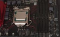 Close up of installed CPU processor on modern, new, gaming motherboard Royalty Free Stock Photo