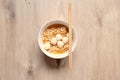 Close up Instant noodle with meatballs on wooden background. Royalty Free Stock Photo