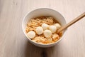 Close up Instant noodle with meatballs on wooden background. Royalty Free Stock Photo