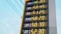 Close-up interactive information stand display with gasoline and diesel prices on sky background Royalty Free Stock Photo