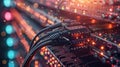 High-Speed Network Cables Connecting Server Equipment with Glowing Lights and Data Flow Royalty Free Stock Photo