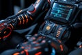 A close-up of the interface on a robotic exoskeleton, with digital screens and sensors showing data in real-time Royalty Free Stock Photo