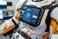 A close-up of the interface on a robotic exoskeleton, with digital screens and sensors showing data in real-time Royalty Free Stock Photo