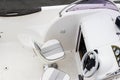Close up of the interior of a large motor boat. Concepts: Serenity, prosperity, optimism, positive, future Royalty Free Stock Photo