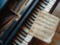 Close-up of the interior of a piano: strings and hammers, blurry foreground. Notes are on the piano, top view. Royalty Free Stock Photo