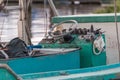 Close up of interior of shrimping boat docked on shore of bayou