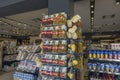 Close up interior view of boutique with water and snacks for tourists. Greece.