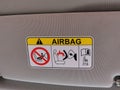Close up interior view of the car air bag safety sign. Royalty Free Stock Photo