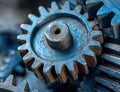 Close-up of interlocking gears, blue-toned metal Royalty Free Stock Photo