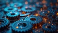 Close-up of interlocking metal gears, digital abstract. Blue and orange lights create bokeh effect. Represents mechanical Royalty Free Stock Photo