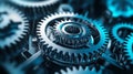 Close-up of interlocking metallic gears in blue tones Royalty Free Stock Photo