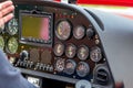 A close-up of the internal dashboard panel of a small aircraft