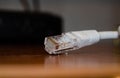 Close up of internet cable on wooden table with modem in the background Royalty Free Stock Photo