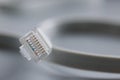 Internet connector on grey background, focus on cable with plastic clip