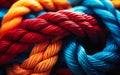 Close-up of intertwined colorful ropes in vibrant red blue and orange hues symbolizing strength connection and diversity Royalty Free Stock Photo